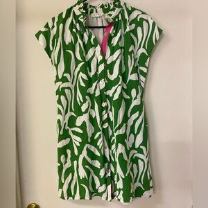 THML Classic Button Trish Dress Small Green/White linen blend tropical Pockets